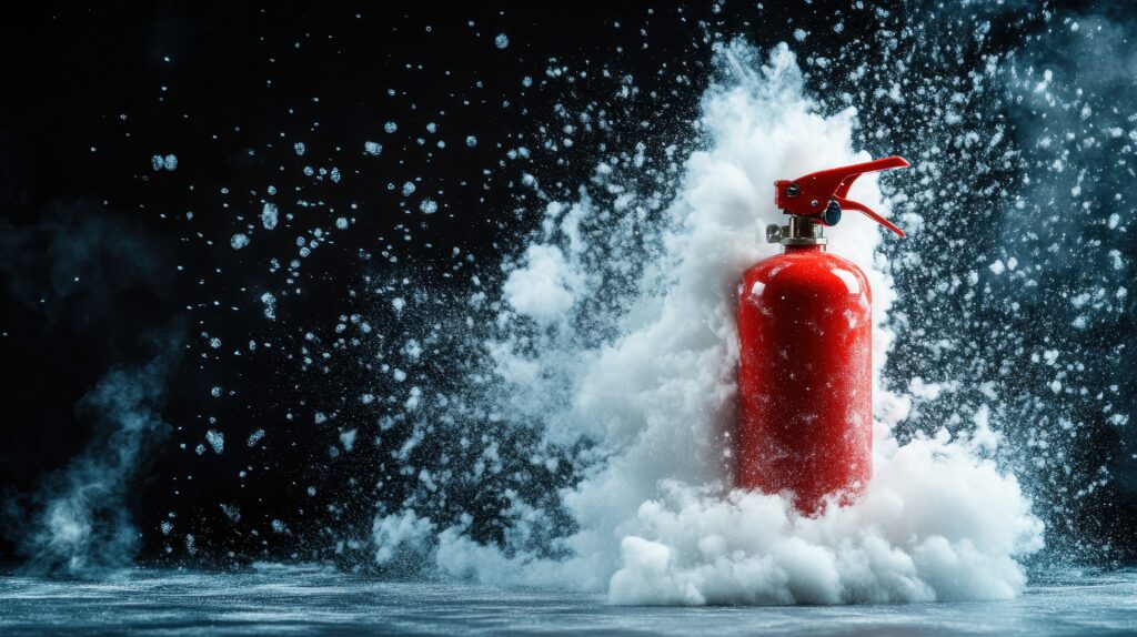 A striking image of a red fire extinguisher surrounded by dramatic clouds of white smoke, capturing the essence of safety and urgency in fire prevention scenarios.